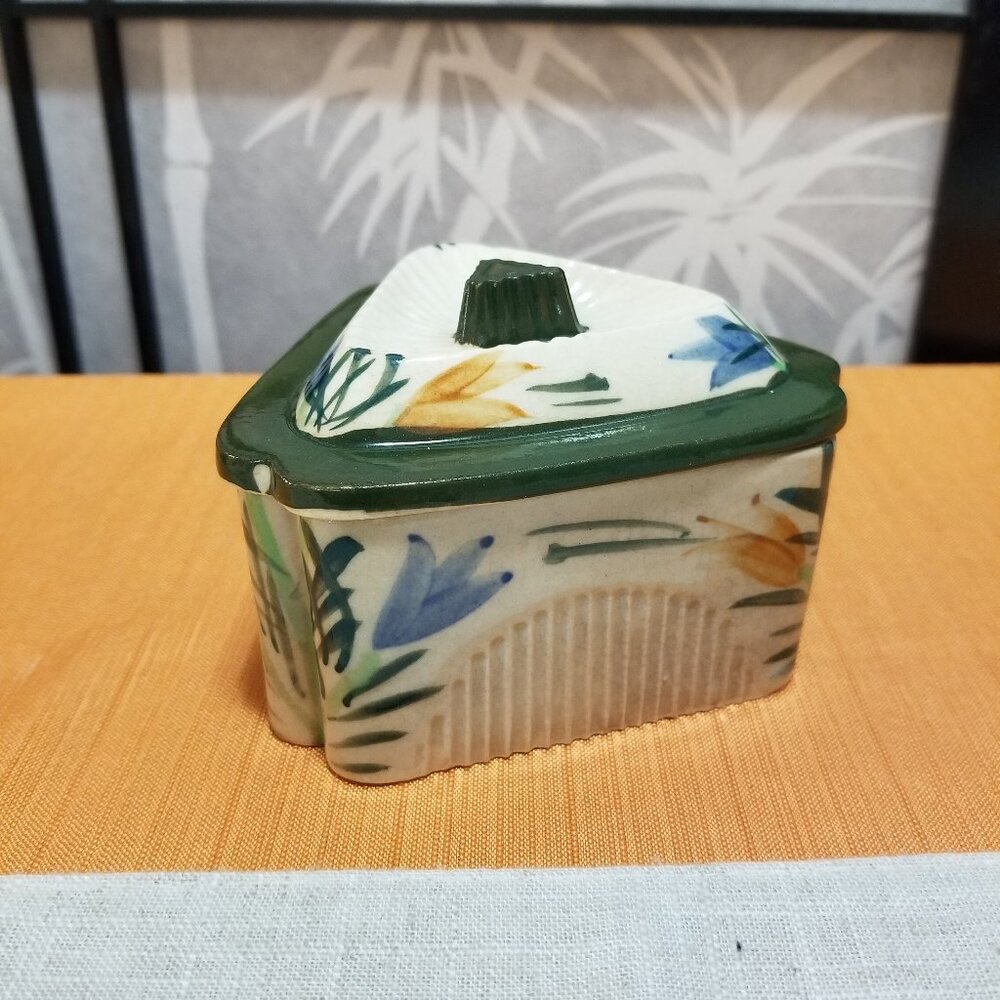 Vintage Hand Painted Ceramic Triangular Trinket Box - Floral